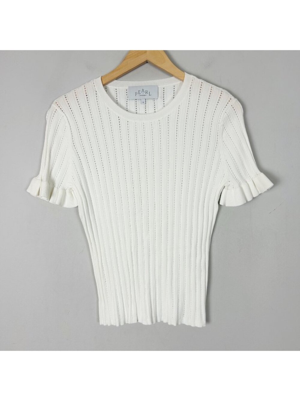 Pearl by Lela Rose White Pointelle Ribbed Sweater Top Ruffle Size Large Women's